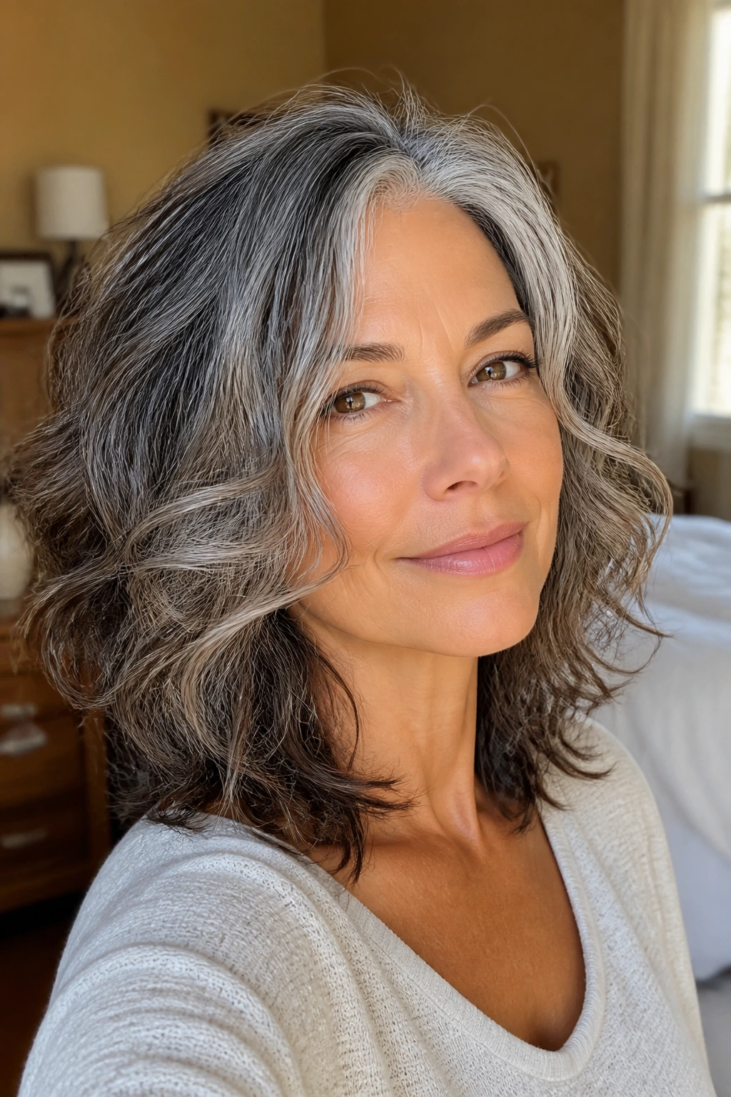 Close-up of a real woman's face showing a wash-and-go layered cut that follows natural waves with gray hair.