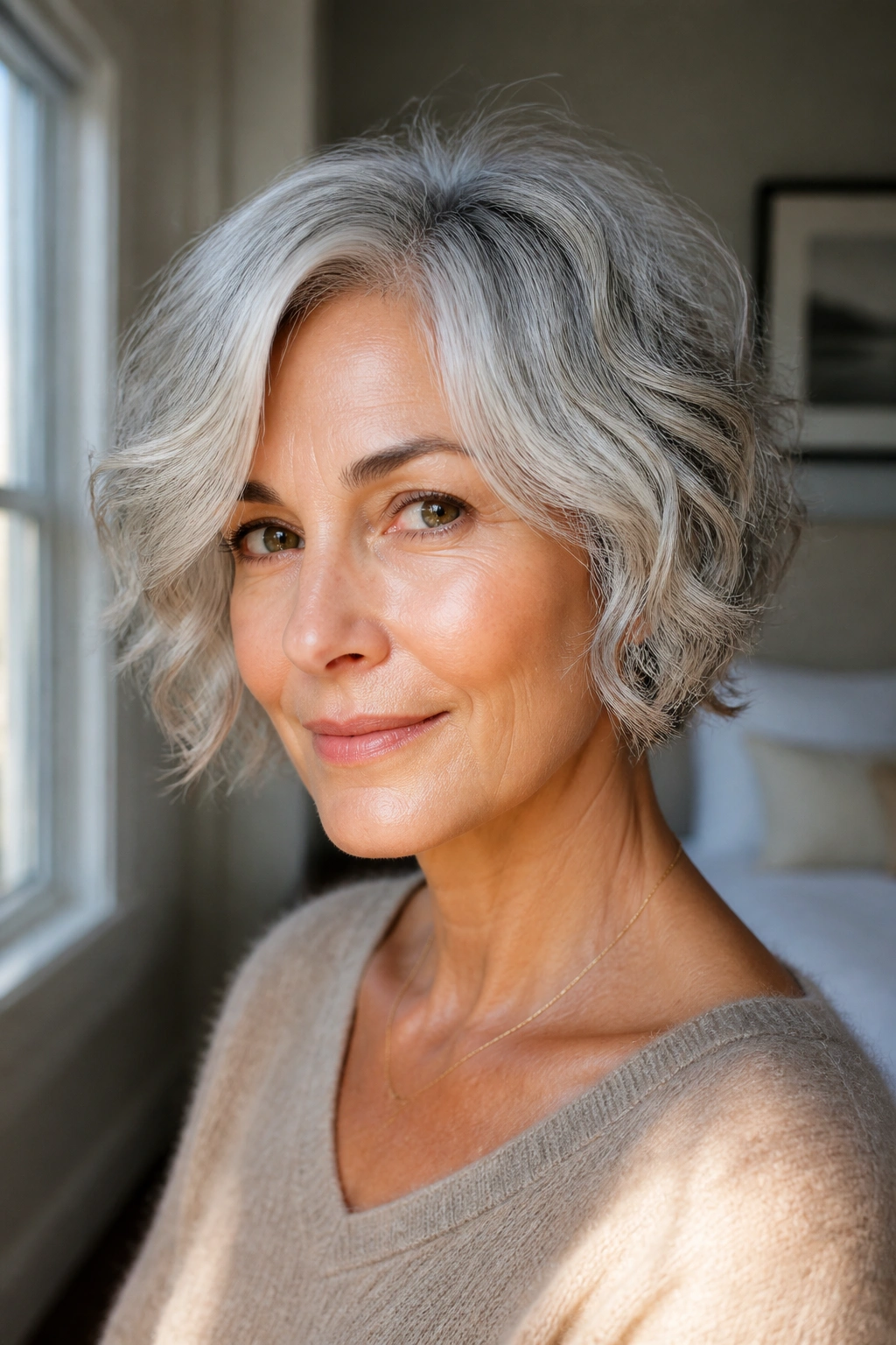 Close-up portrait of a woman with a wavy gray ear-length bob in sunlit bedroom