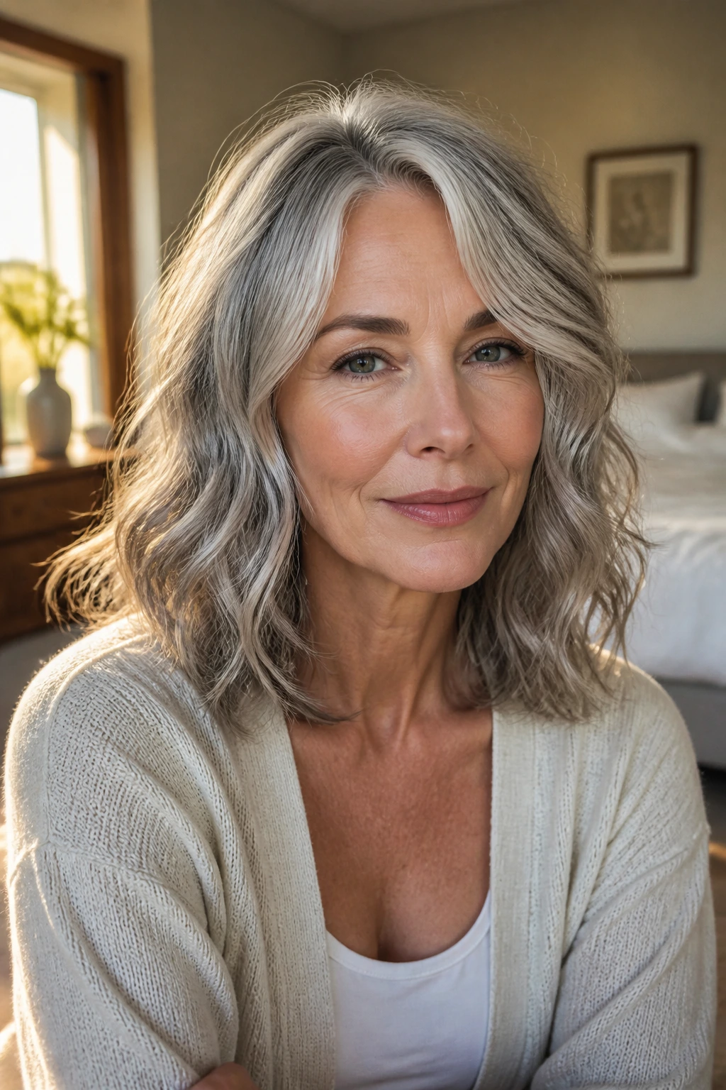 Close-up of a real woman with silver-gray wavy collarbone-length hair