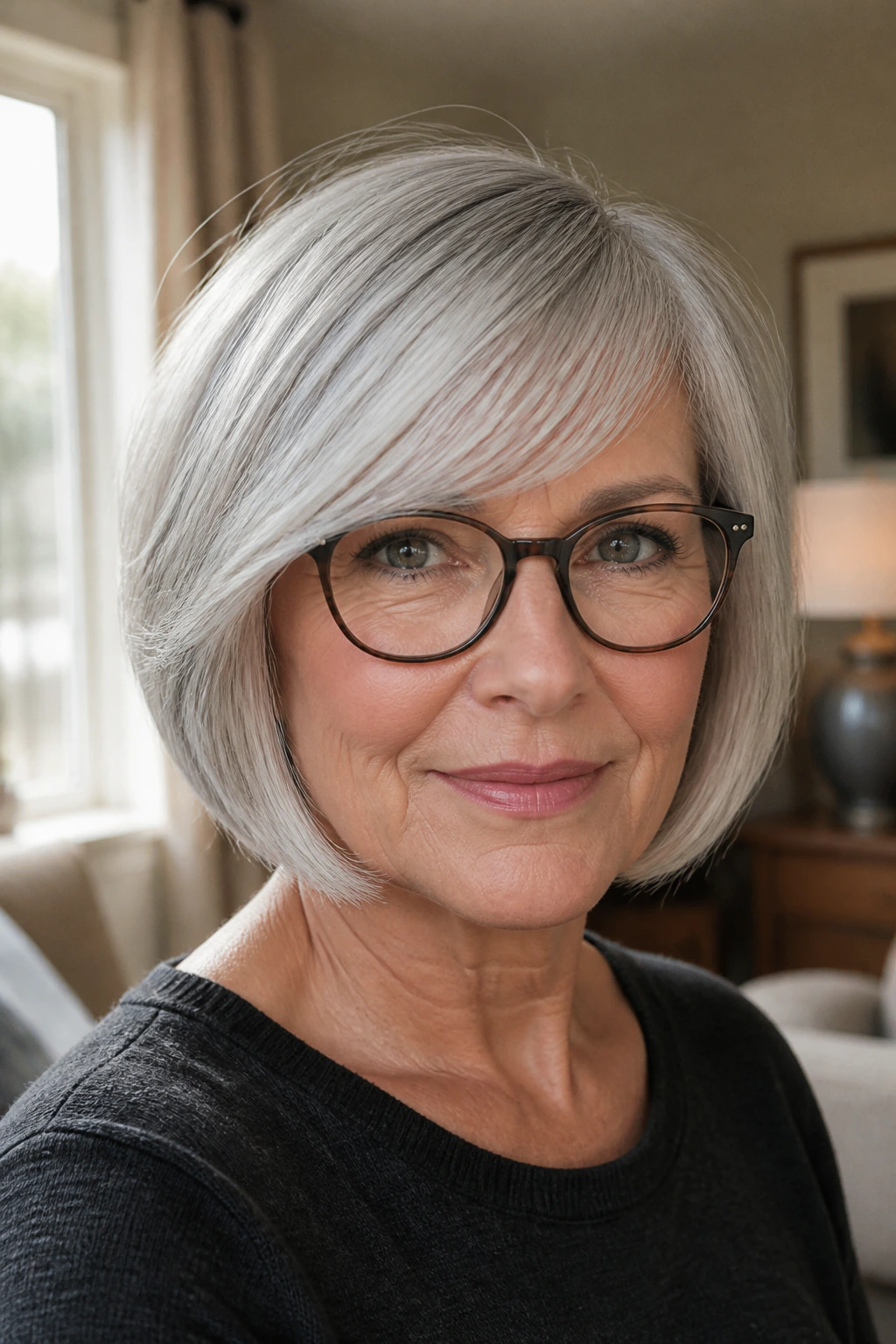 Close-up portrait of a real woman with a gray wispy chin-length bob and side fringe wearing glasses