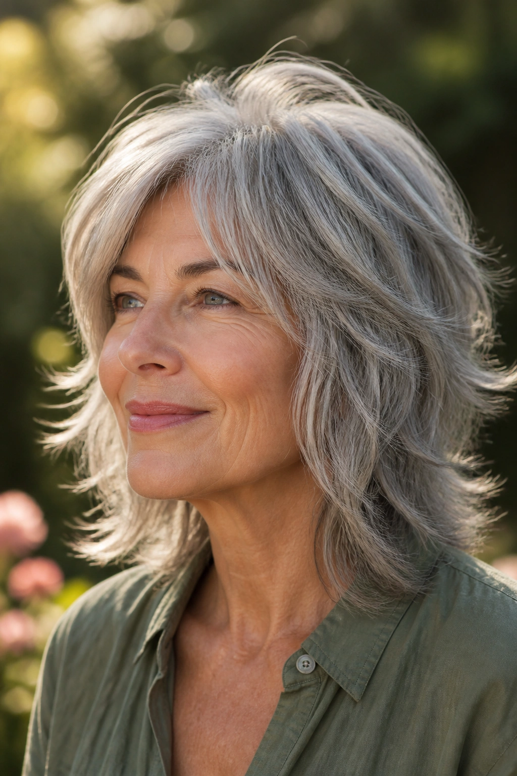 Close-up of real woman with silver wolf cut and gentle movement