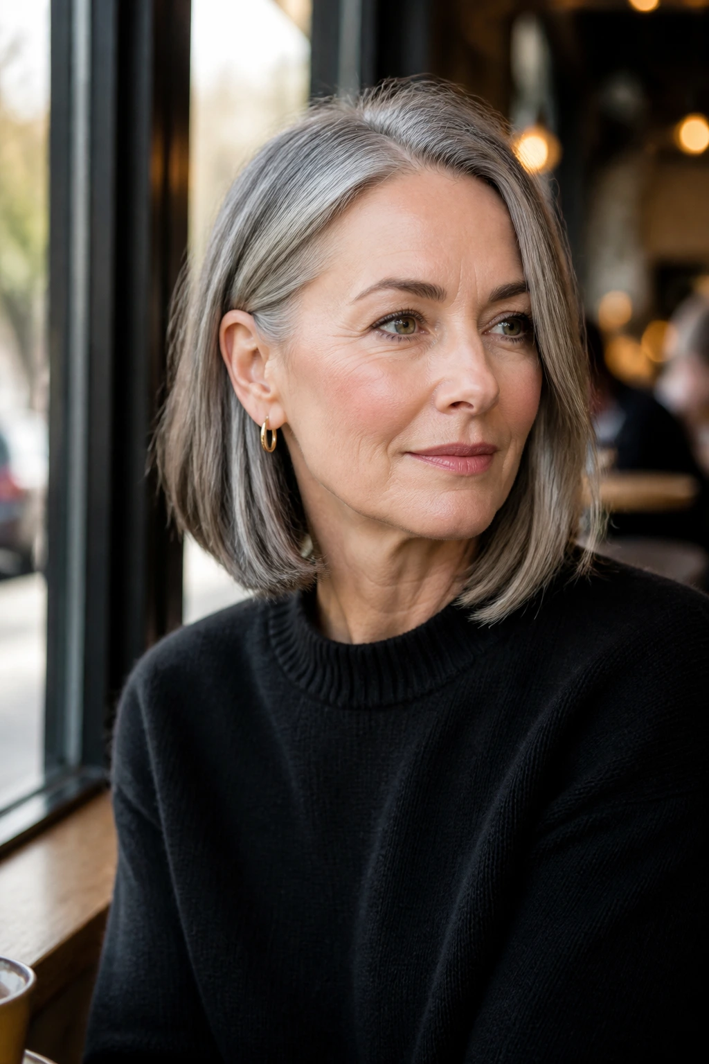 Real woman with a gray lob tucked behind the ear