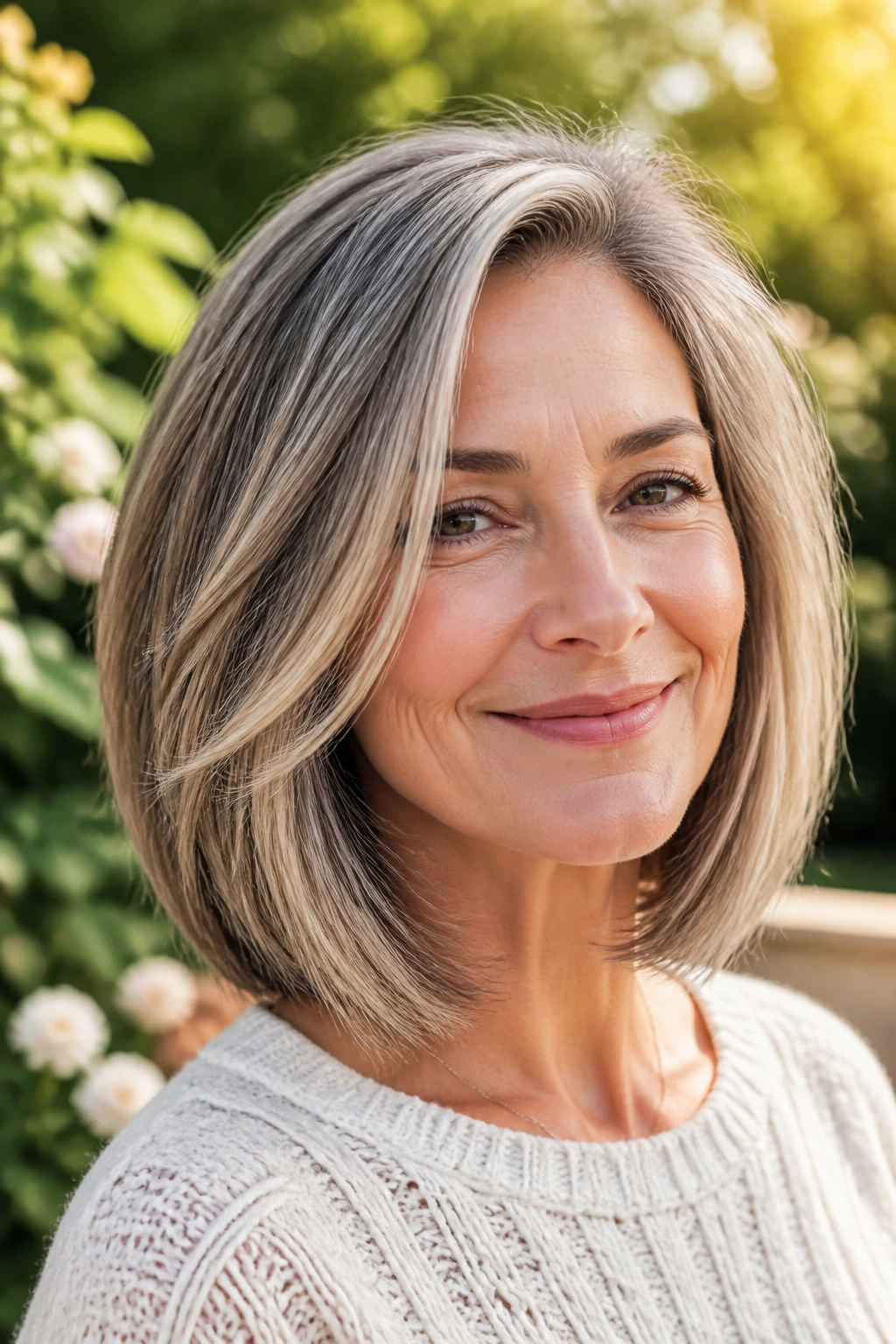 Long bob with subtle gray highlights on a real woman in garden light