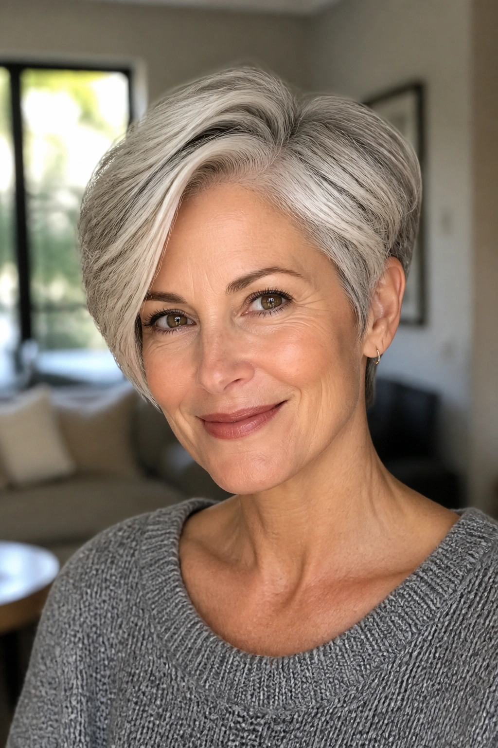 Close-up of a real woman with a side-parted pixie bob