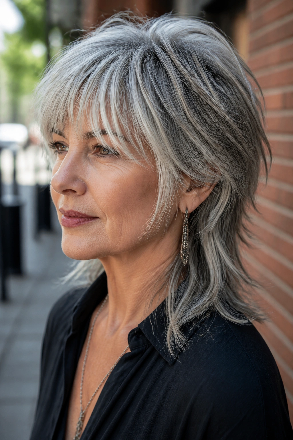 Portrait of a woman with gray modern shag and soft mullet shape