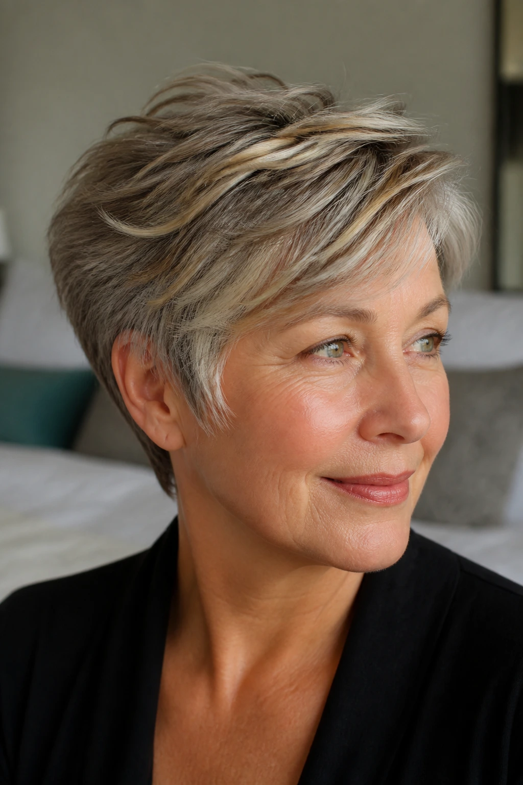 Close-up of silver gray short hair with soft caramel