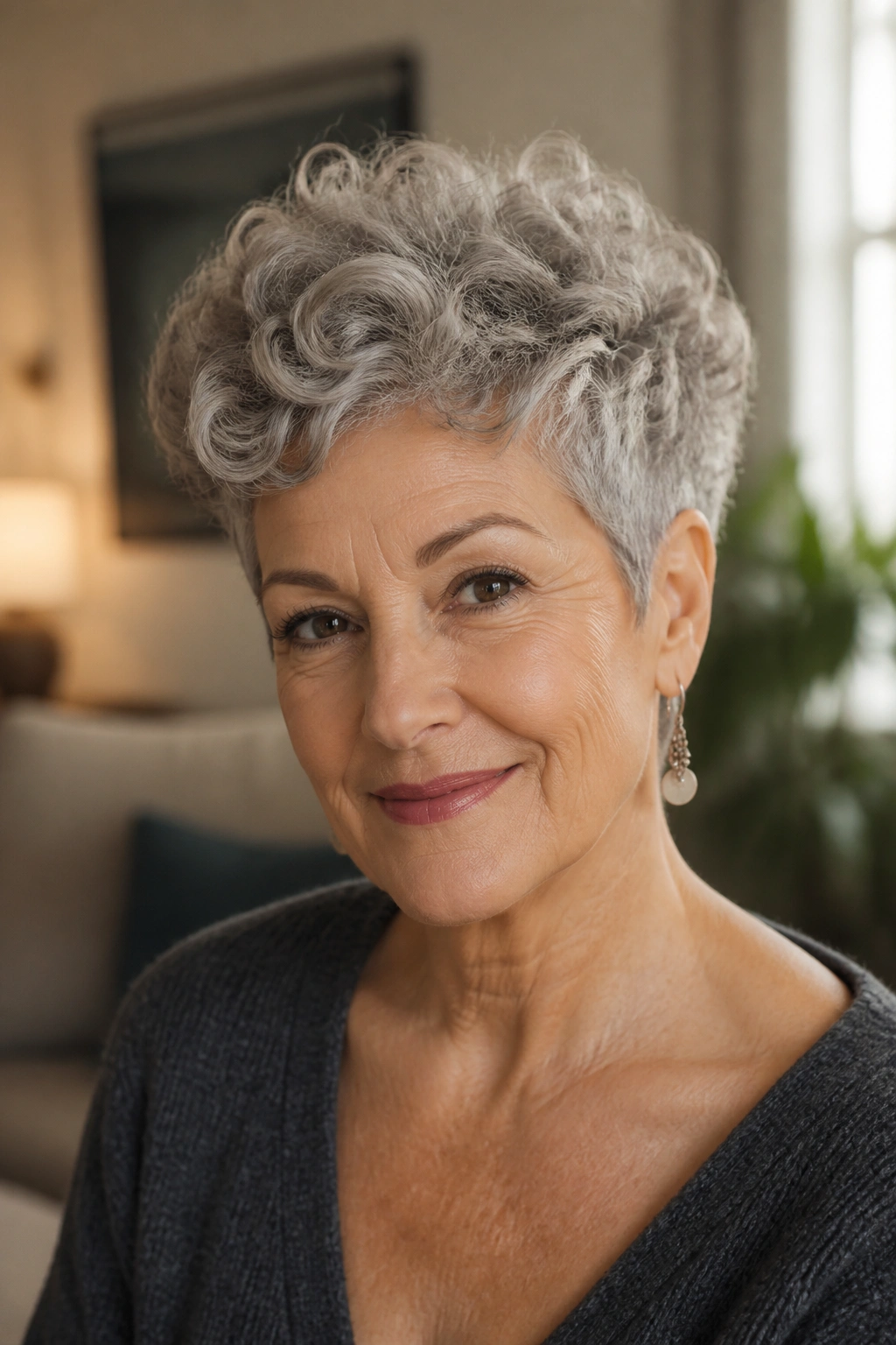 Close-up of a gray-haired woman with a curly crop and lifted crown