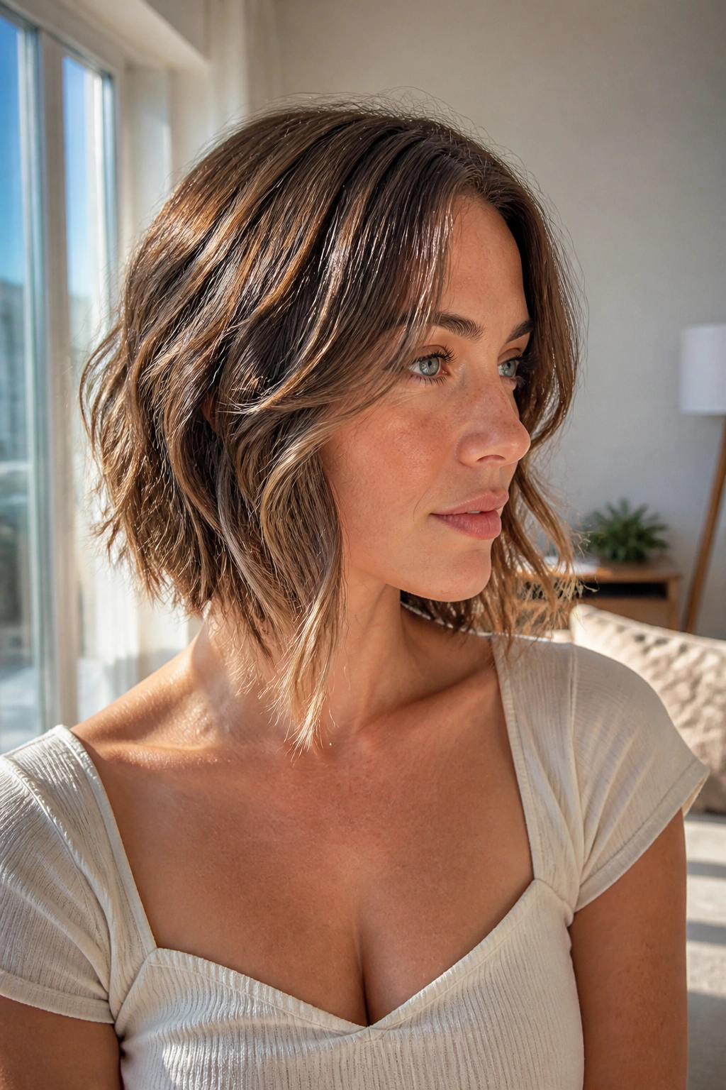 Close-up portrait of a real woman with a grow-out bob and long front pieces skimming the collarbone