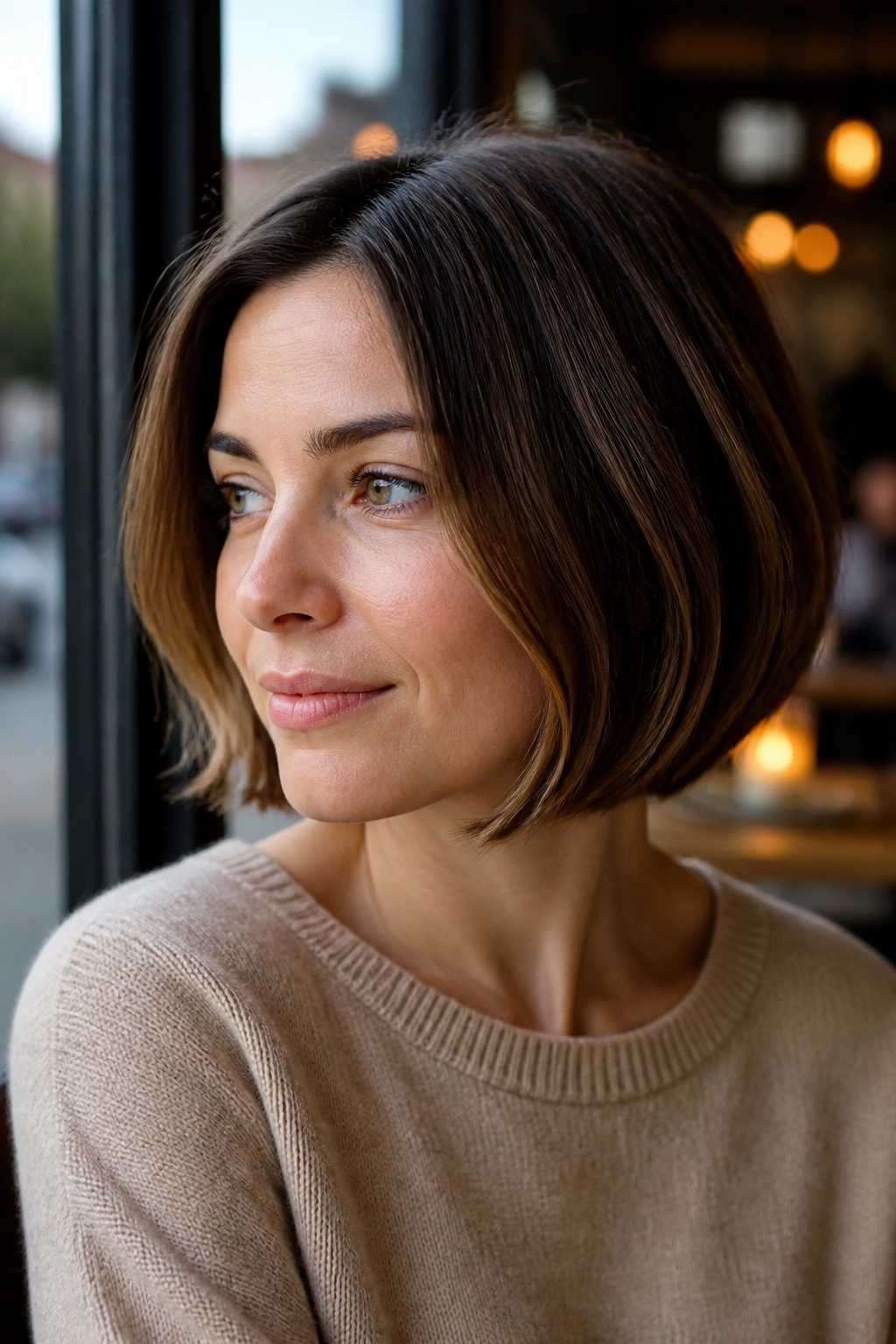 Close-up of a real woman with The Low-Maintenance Grow-Out Bob showing clean perimeter as it grows.