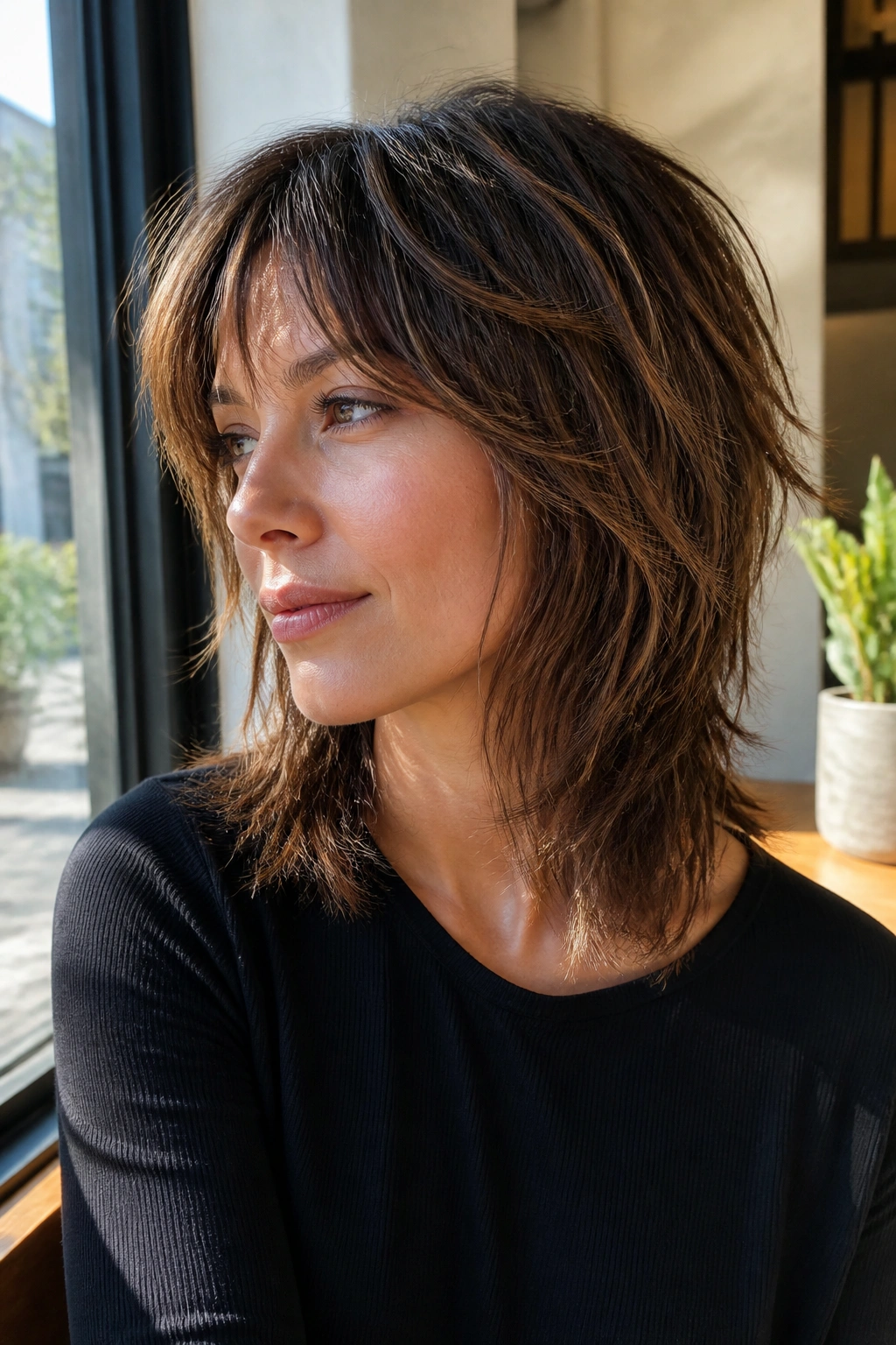 Close-up portrait of a real person with feathered grow-out choppy layers.