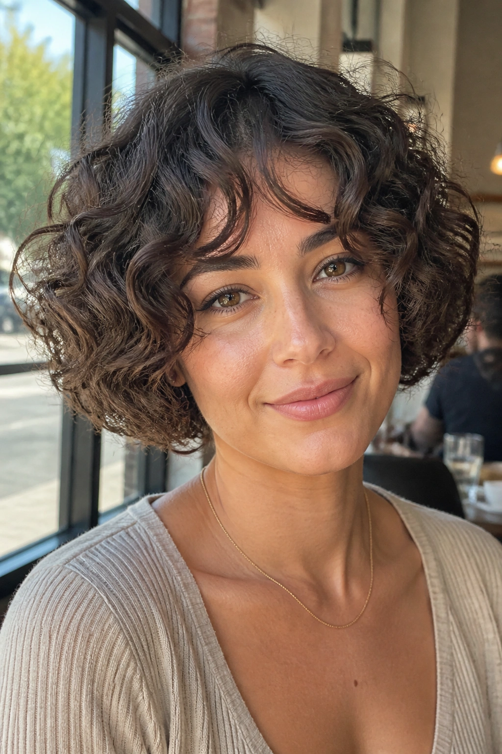 Portrait of a real woman with a grow-out friendly curly bob and soft layers