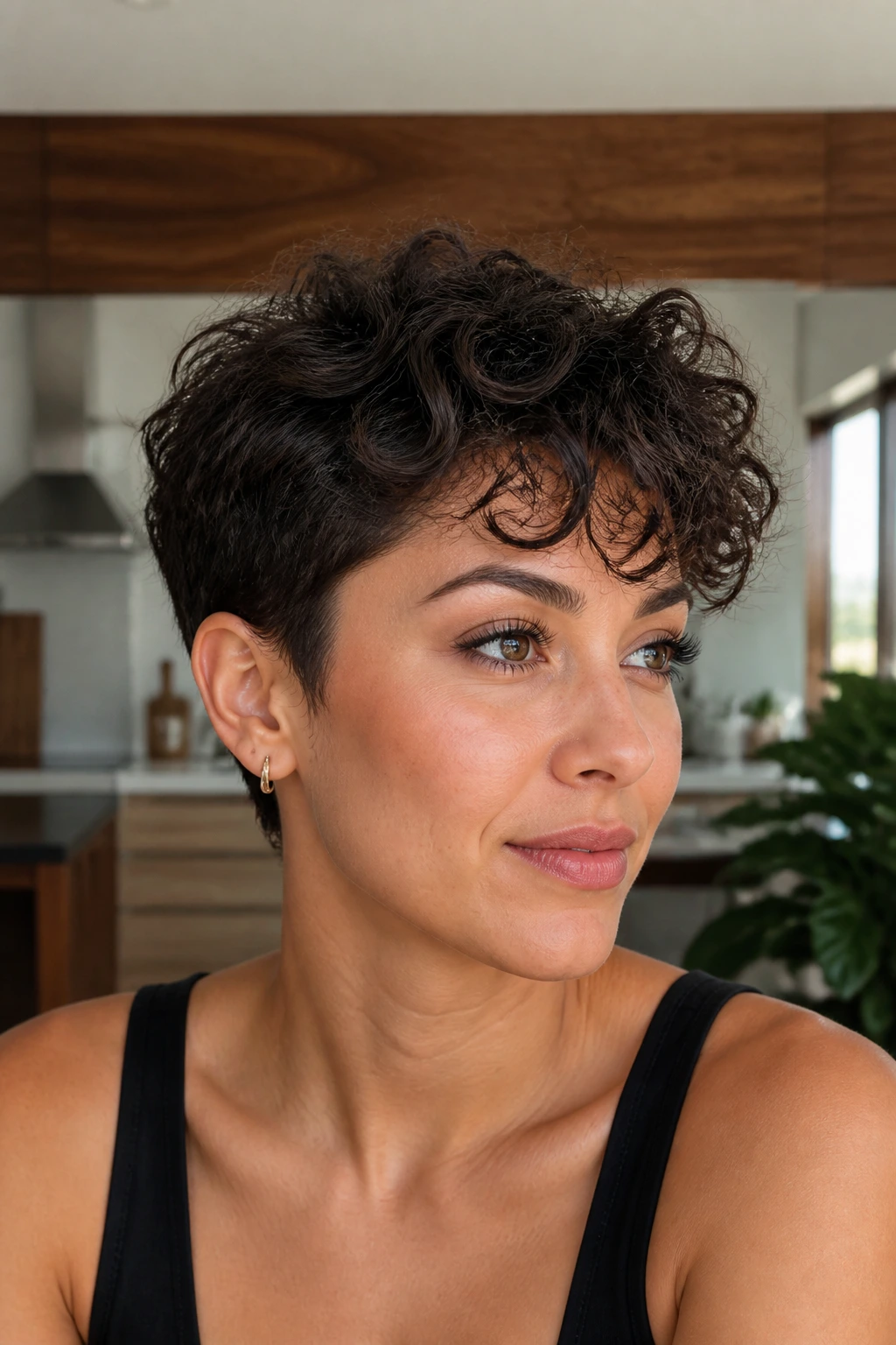 Portrait of a woman with grow-out friendly curly pixie showing longer top and tapered sides