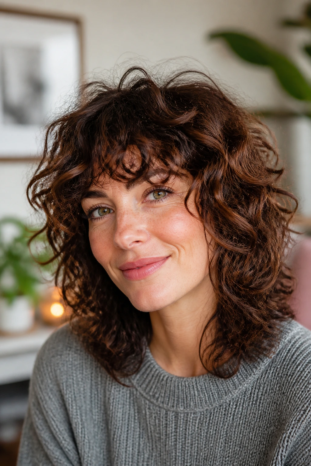 Close-up of a real woman with a grow-out friendly curly shag and soft layered curls.