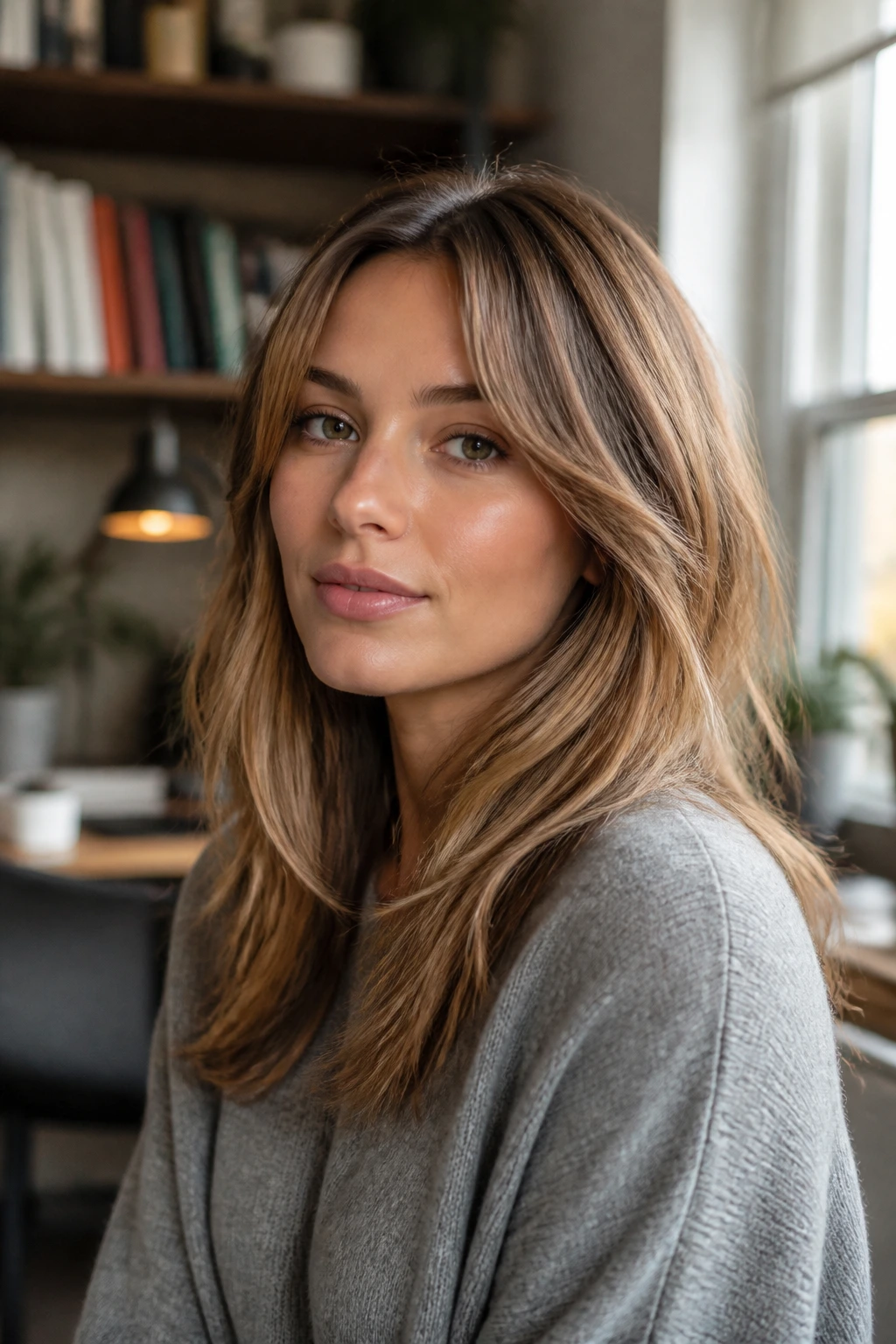 Close-up portrait of a real person with grow-out curtain bangs blending into soft layers