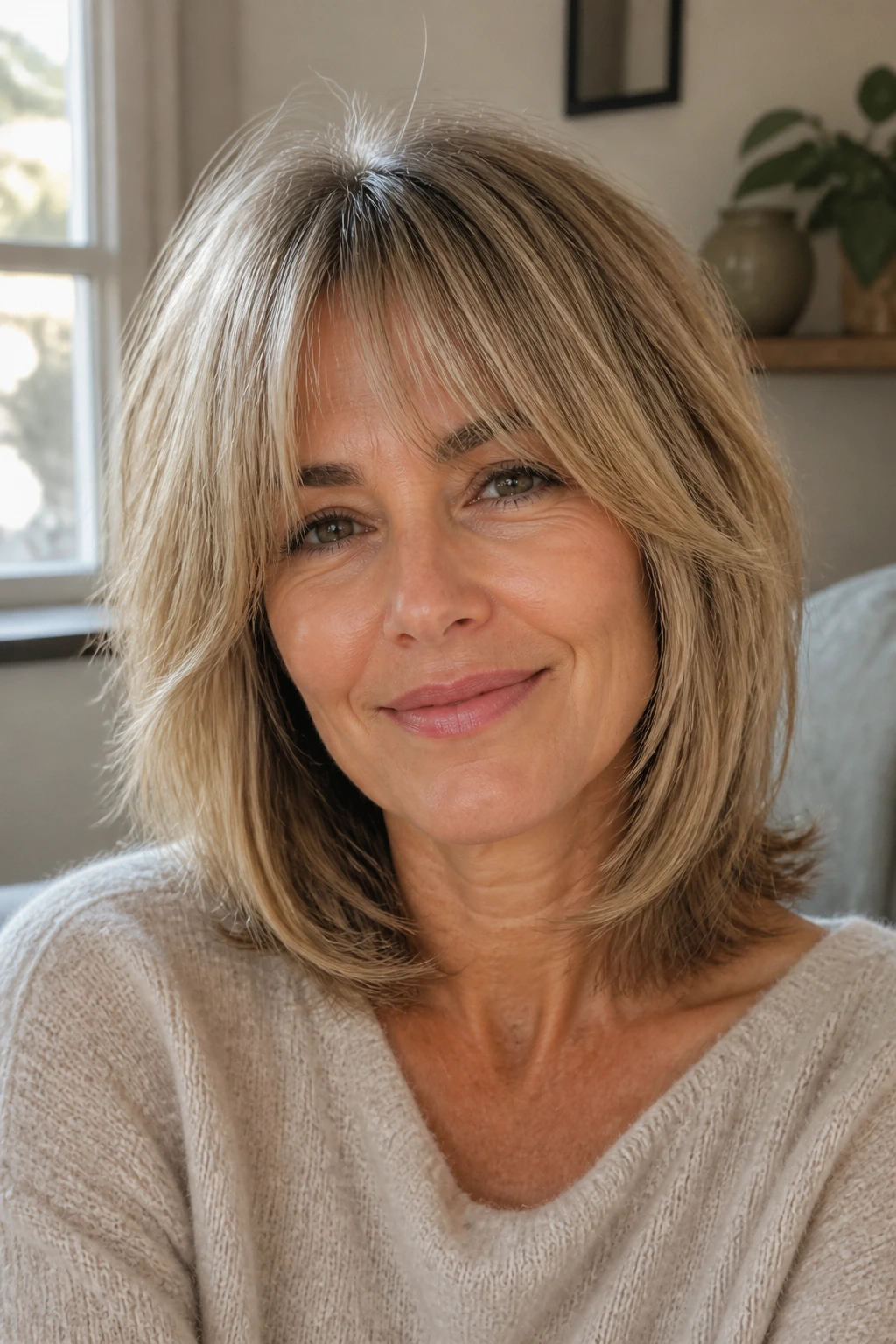Close-up portrait of a real person with a soft medium-length layered grow-out cut and blunt perimeter
