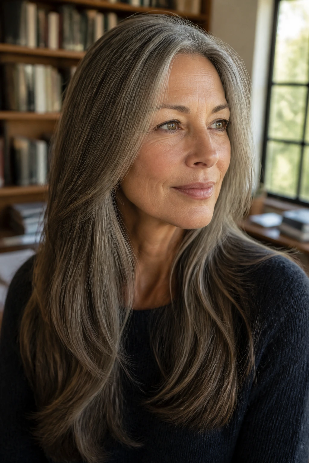 Portrait of a real woman with a low-maintenance grow-out long cut and soft face-framing pieces.