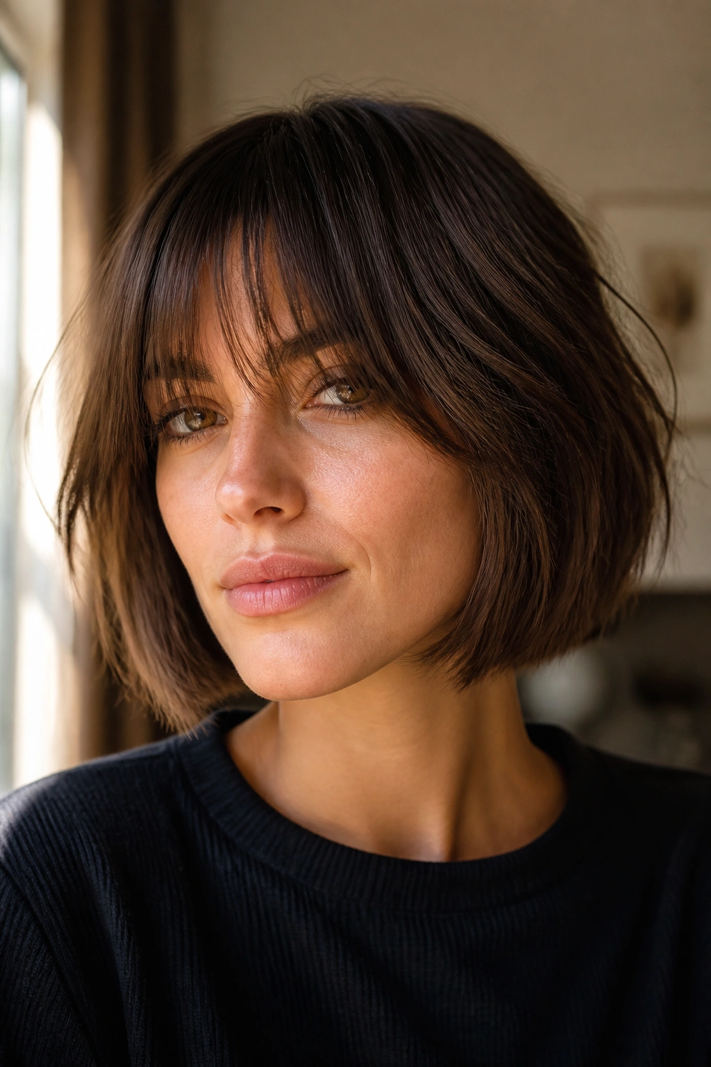 Close-up of a real woman with a soft grow-out French bob and long bangs in warm daylight
