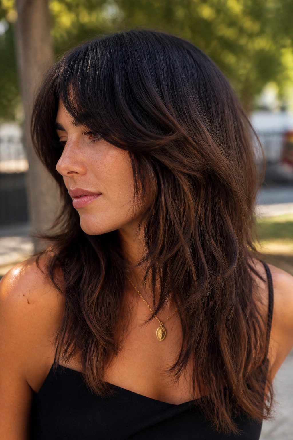 Close-up portrait of a real person with grow-out-friendly long shag showing soft layers and blended fringe