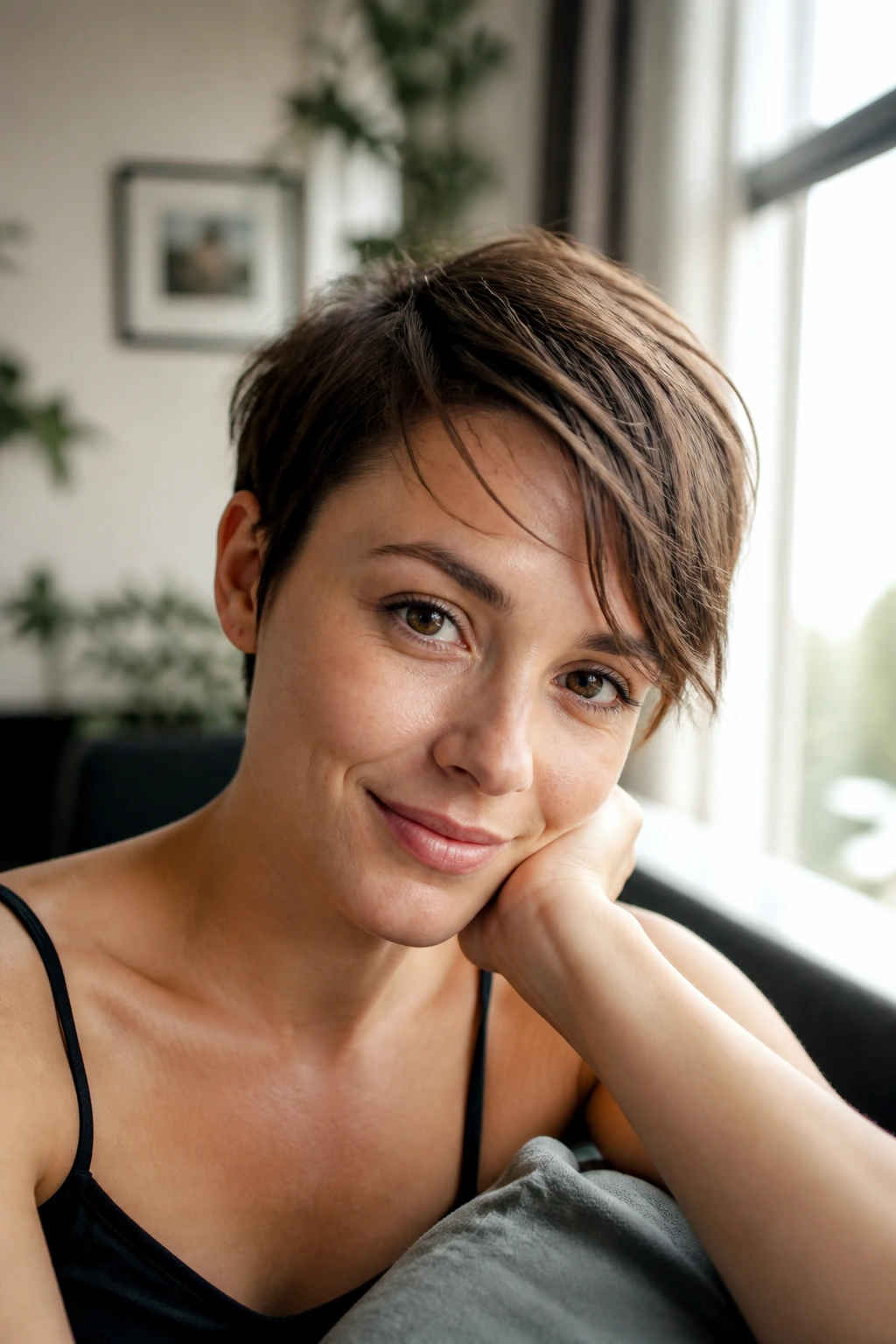 Close-up of grow-out fringe swept to the side on a real person in a home setting