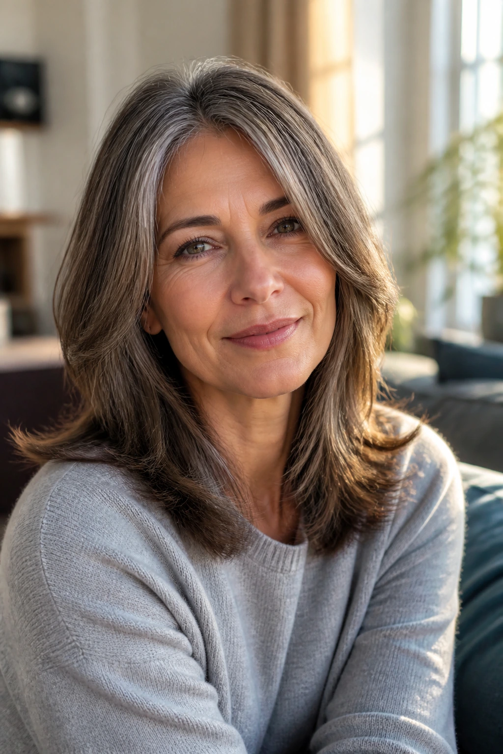 Close-up portrait of a real woman showing an easy grow-out medium hairstyle with soft layers