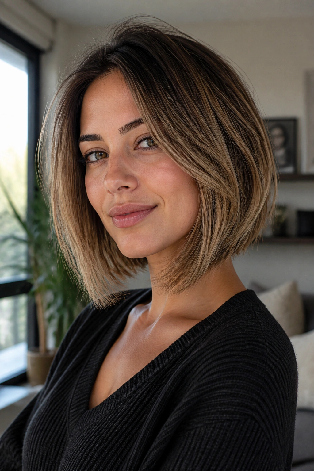 Close-up portrait of a real woman with an oval face wearing a grow-out layered bob with longer front pieces.