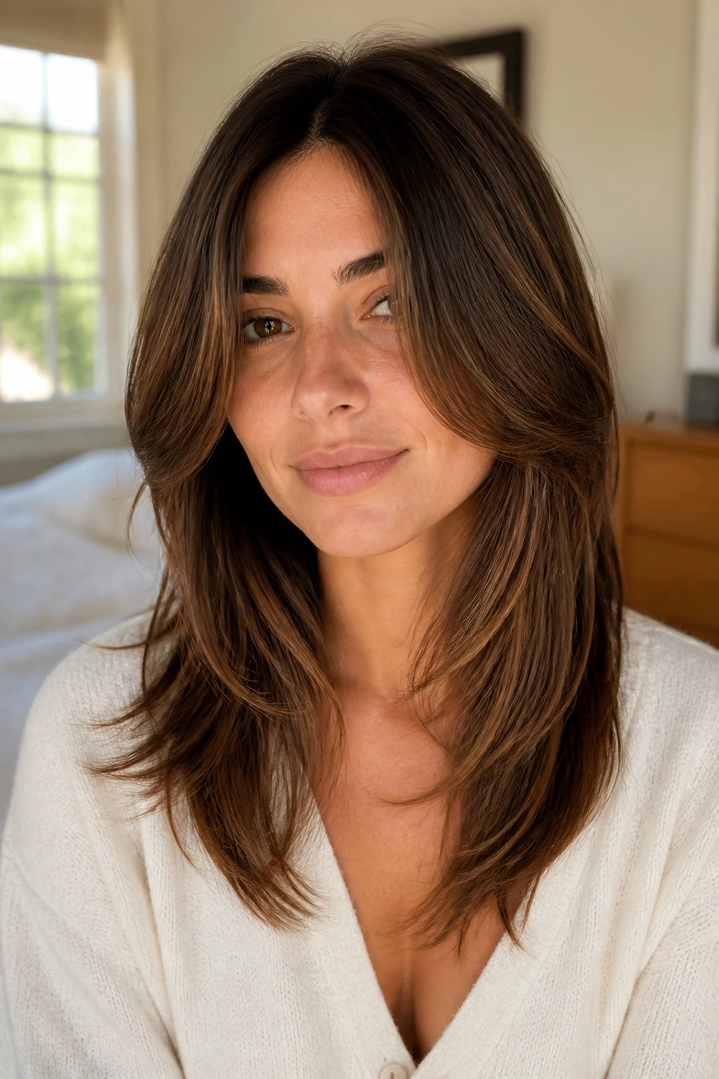 Close-up of a real woman with grow-out-friendly layers starting below the chin