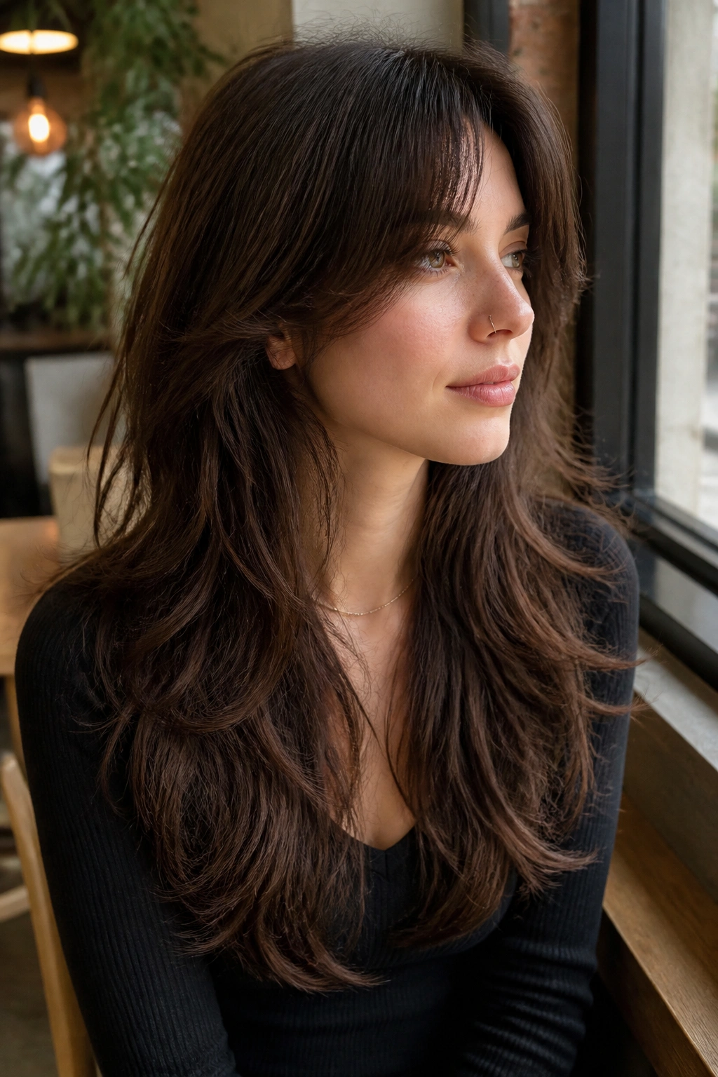 Close-up portrait of a real woman with a grow-out-friendly long wolf cut showing soft layers and long face-framing length in natural light