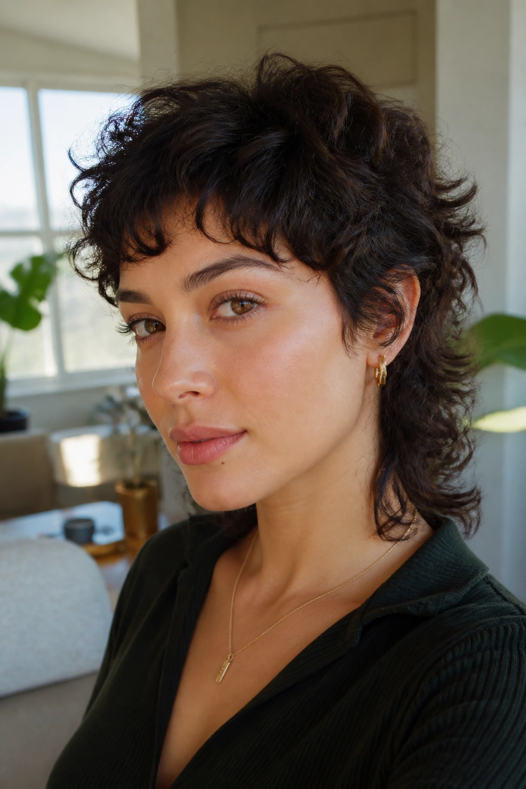 Close-up portrait of a real woman with a soft, grow-out mixie that blends layers for easy maintenance