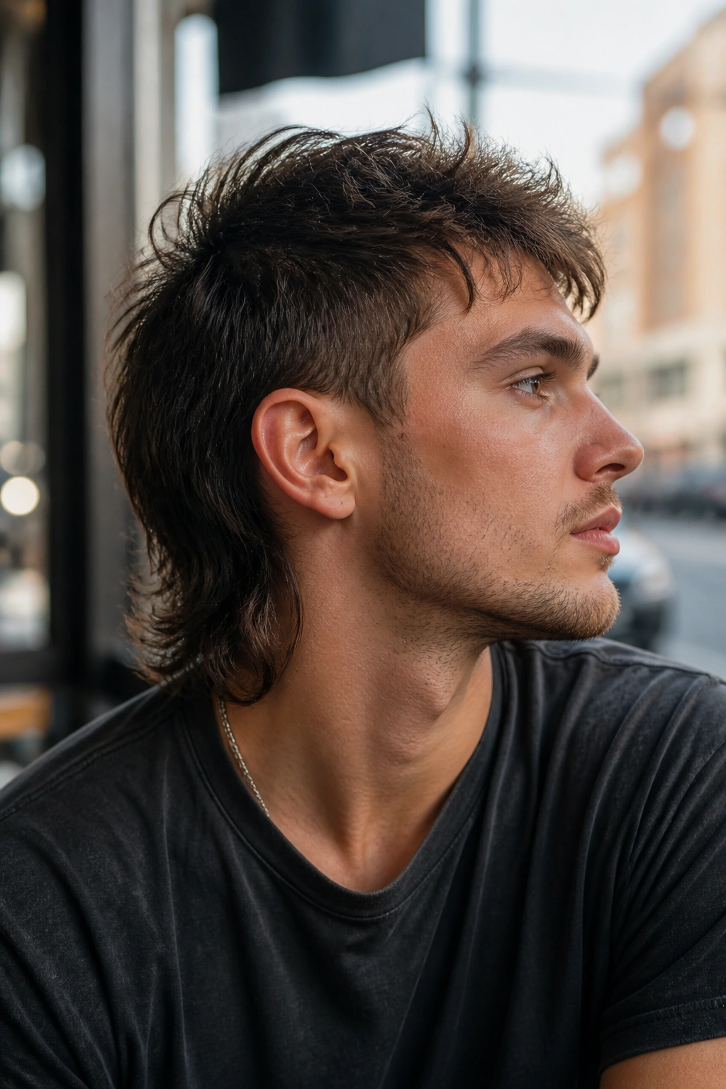 Close-up portrait of a real person with a grow-out mullet showing short crown and longer back