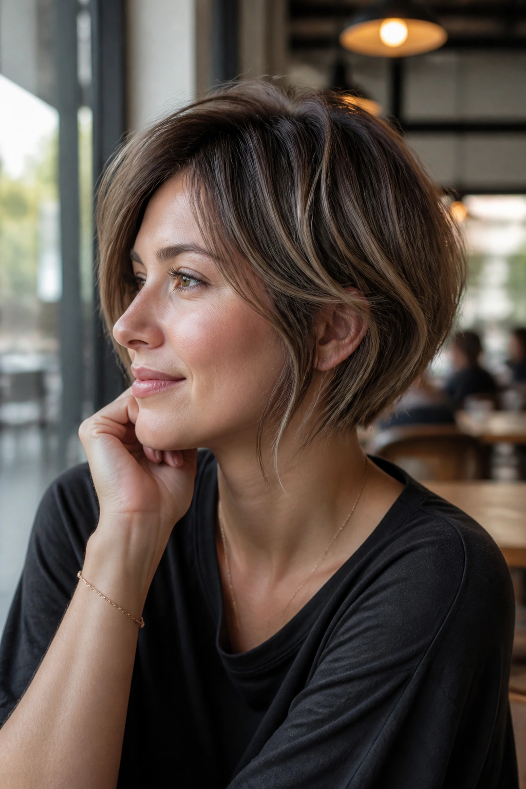 Close-up portrait of a real woman with grow-out-friendly long pixie bob in a sunlit cafe setting