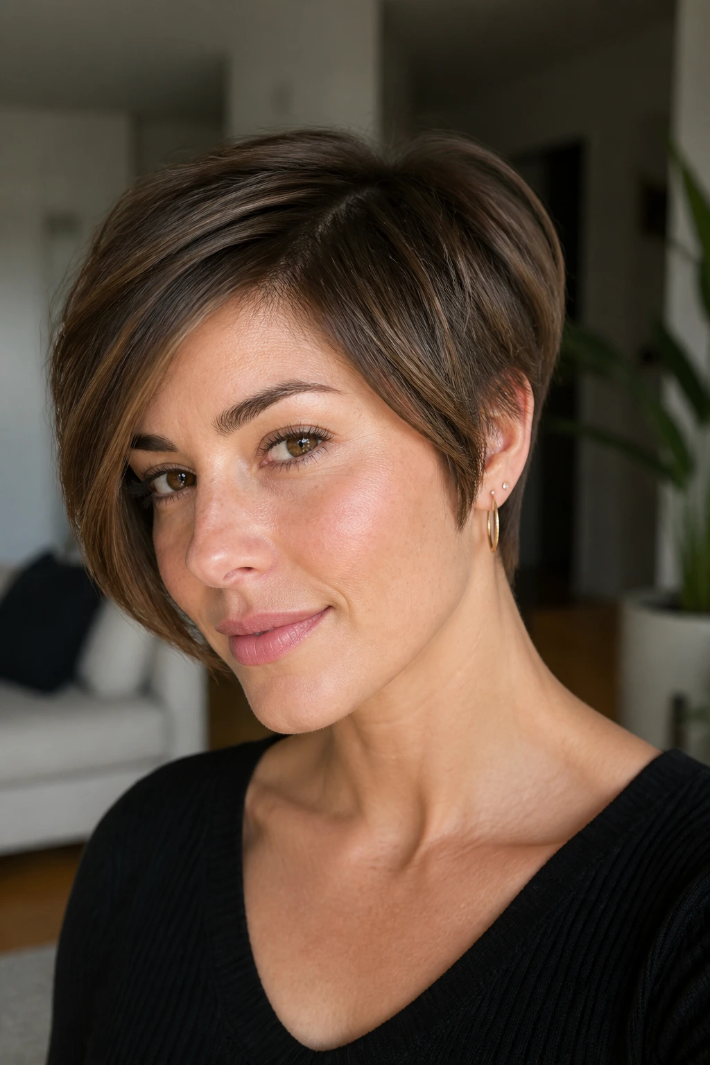 Close-up of a real woman with tapered nape and blended crown for a grow-out pixie