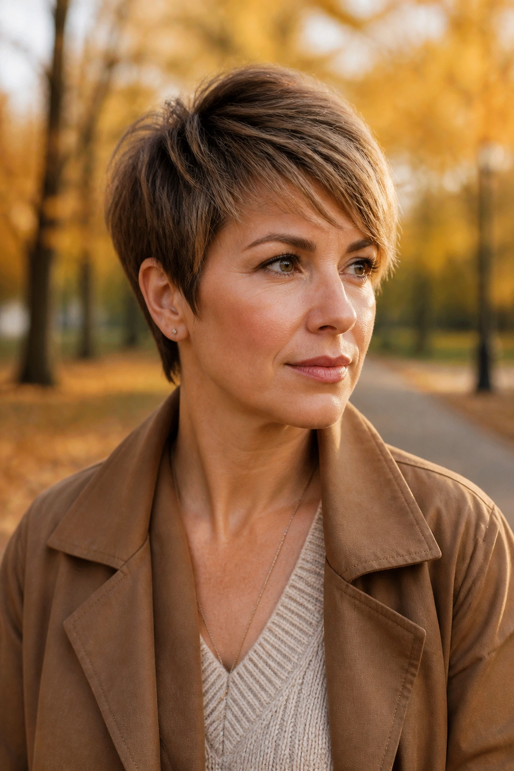 Portrait of a real woman with grow-out pixie in autumn park light