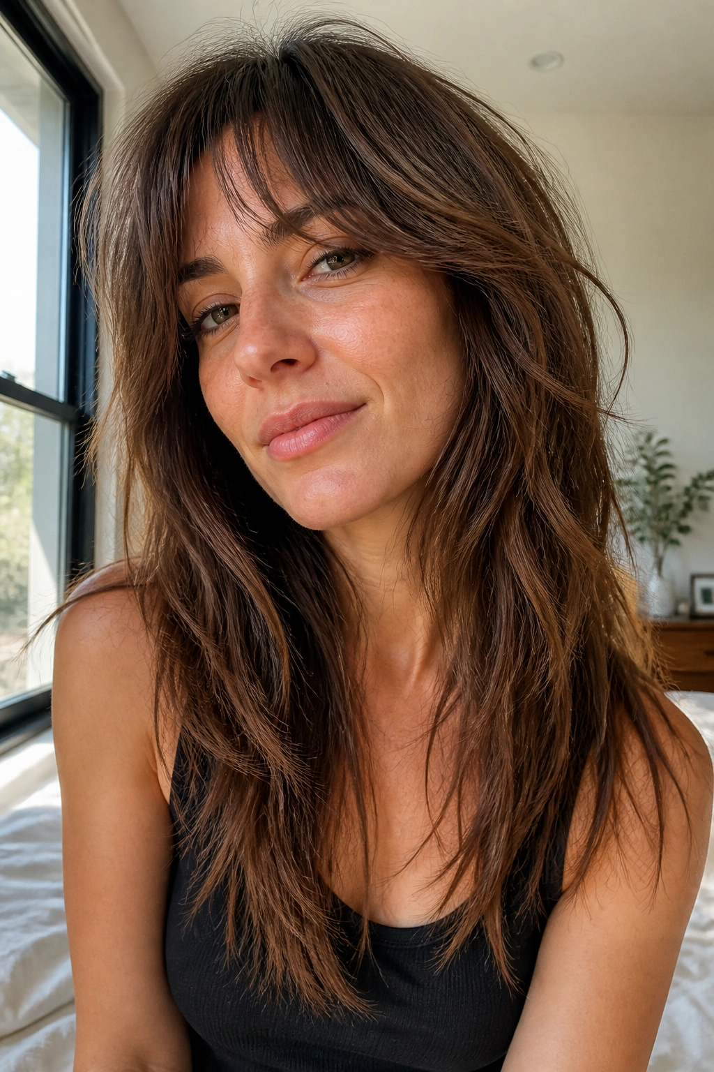 Real woman with low-maintenance grow-out shag in natural light