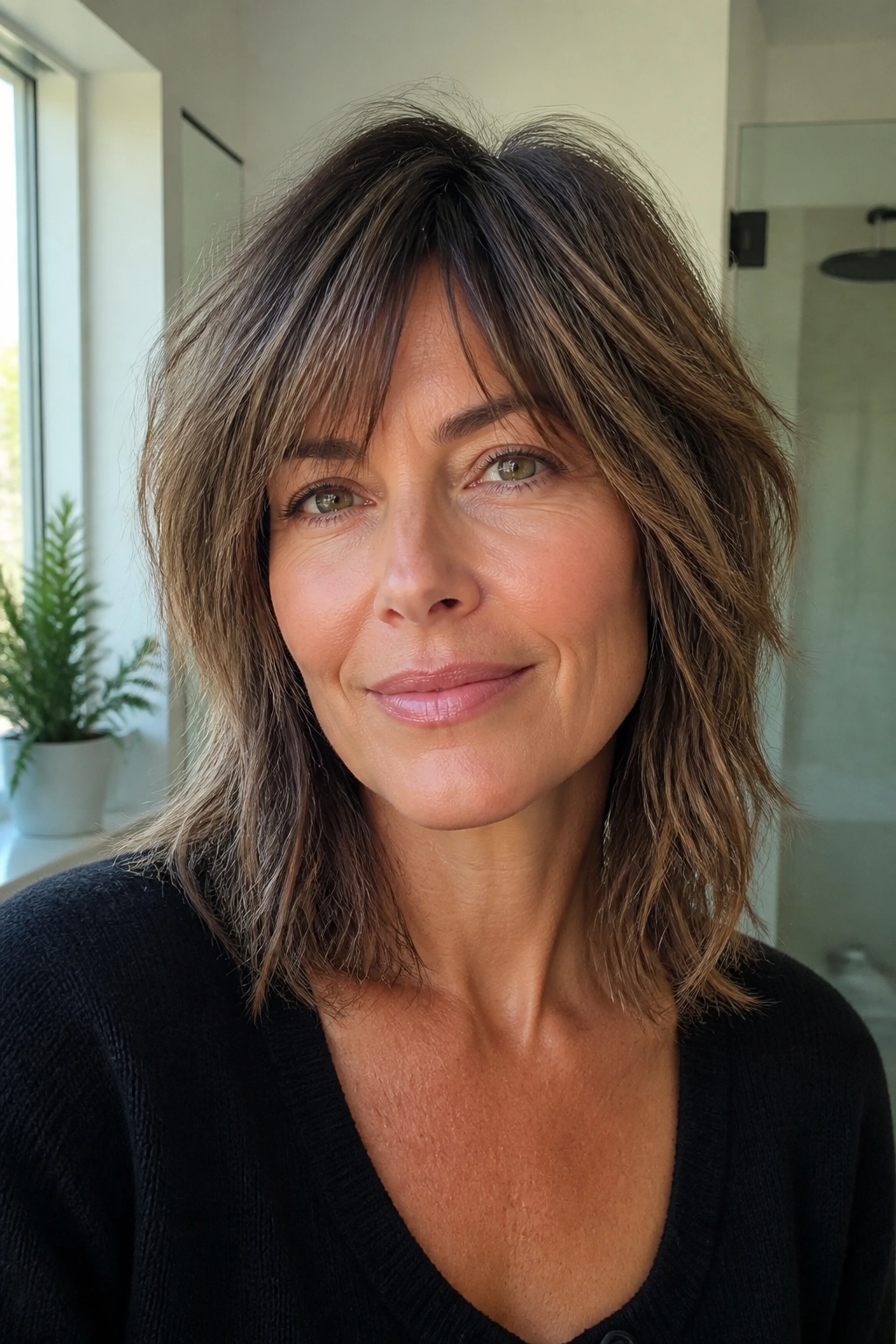 Close-up portrait of a real woman with grow-out shag in natural bathroom light