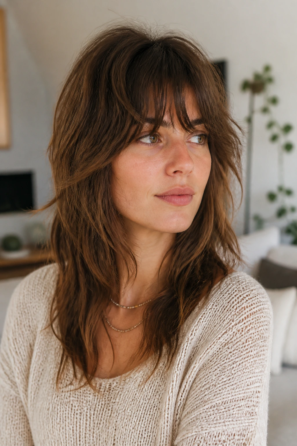 Close-up of a real woman with a grow-out shag in a cozy living room