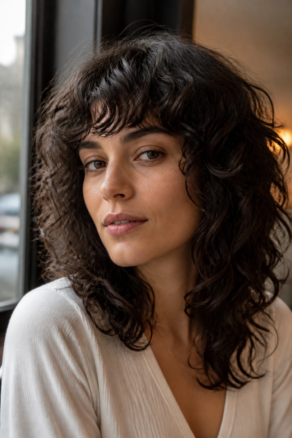 Close-up of real person with grow-out-friendly medium shag in warm indoor light