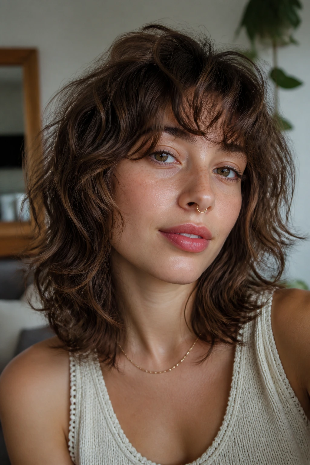 Real person with grow-out shag perm in a casual home setting.