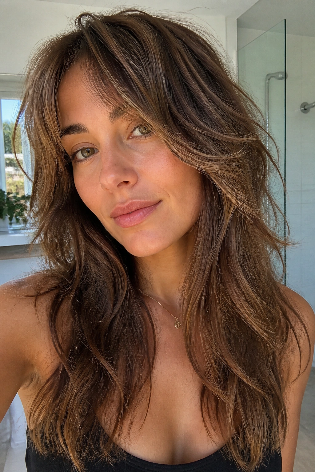 Close-up of a real woman with Grow-Out-Friendly Long Shag hairstyle