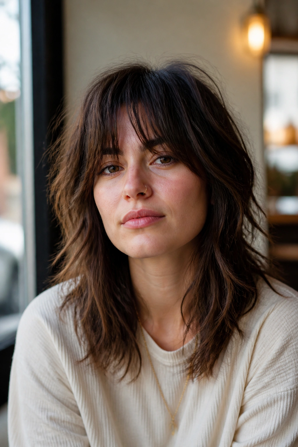 Close-up portrait of a real woman with a grow-out shag that maintains shape as it grows.