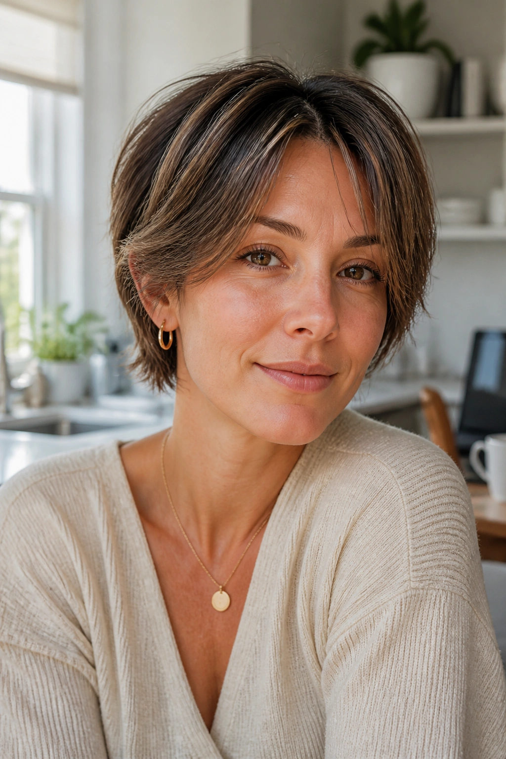 Close-up portrait of a real woman with a grow-out friendly short cut in a bright kitchen