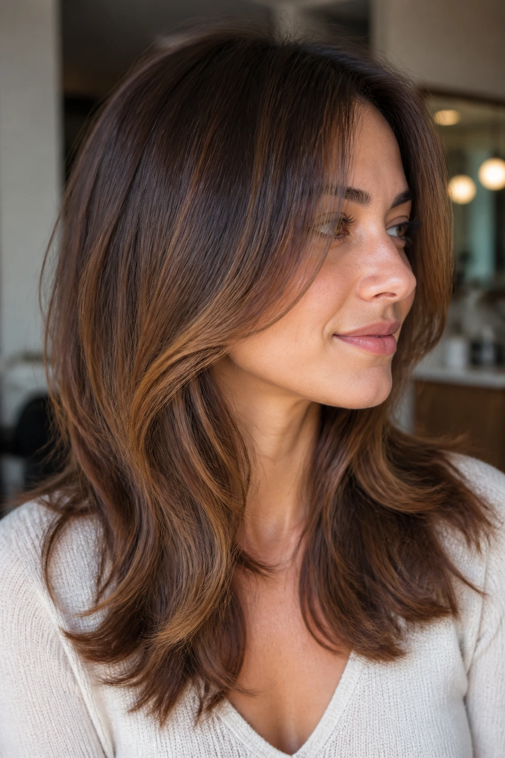 Portrait of a real person with a grow-out-friendly soft layered cut showing gentle perimeter and face-framing layers