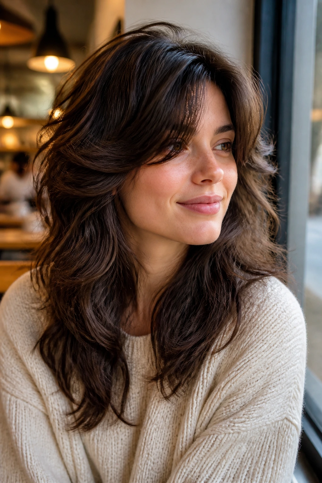 Close-up portrait of a real woman with a grow-out-friendly wolf cut in natural daylight.