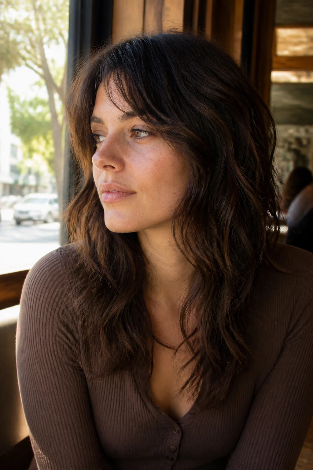 Close-up of a real woman with a soft grow-out wolf cut in warm cafe light