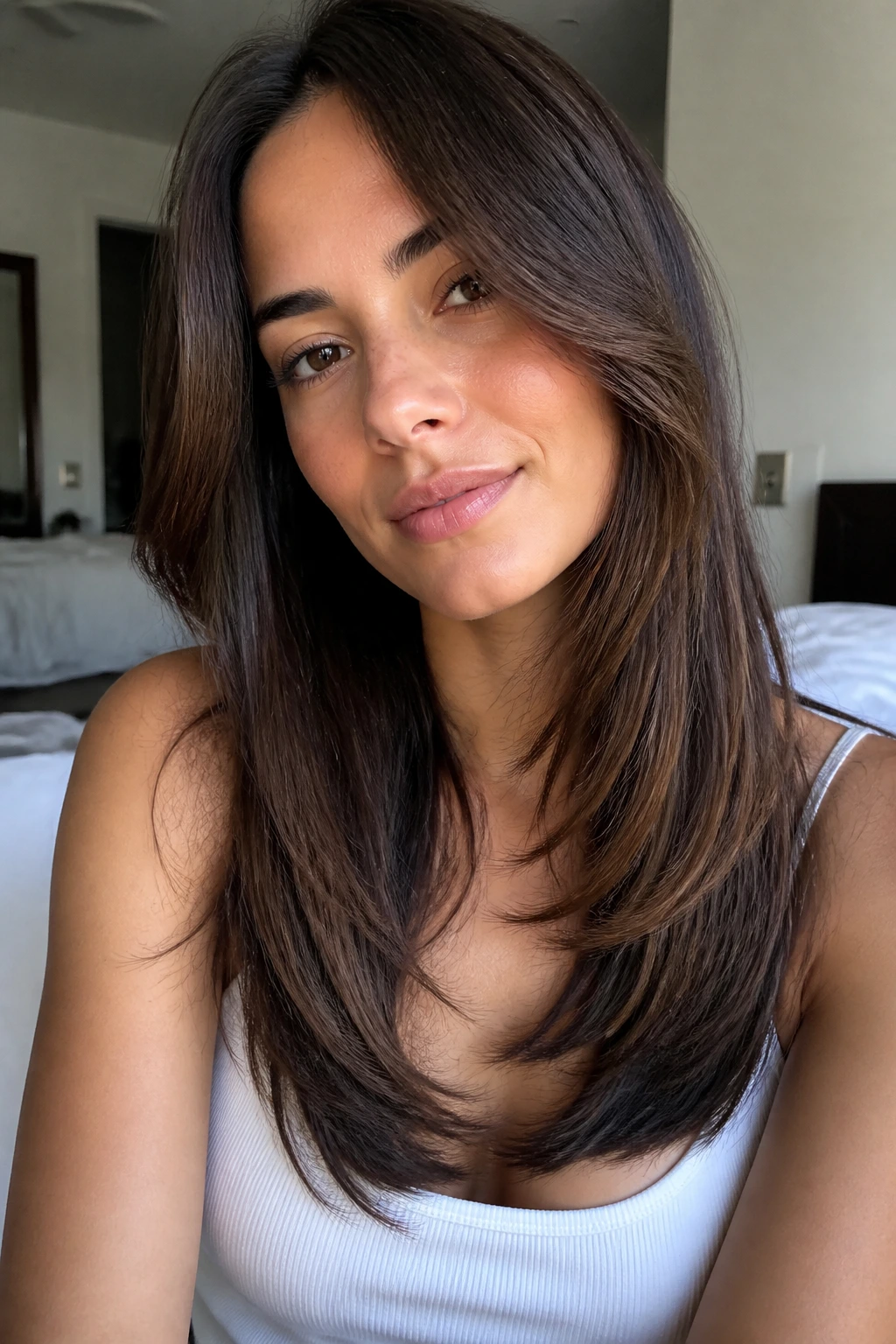 Close-up of a real woman with long layers growing out a blunt cut