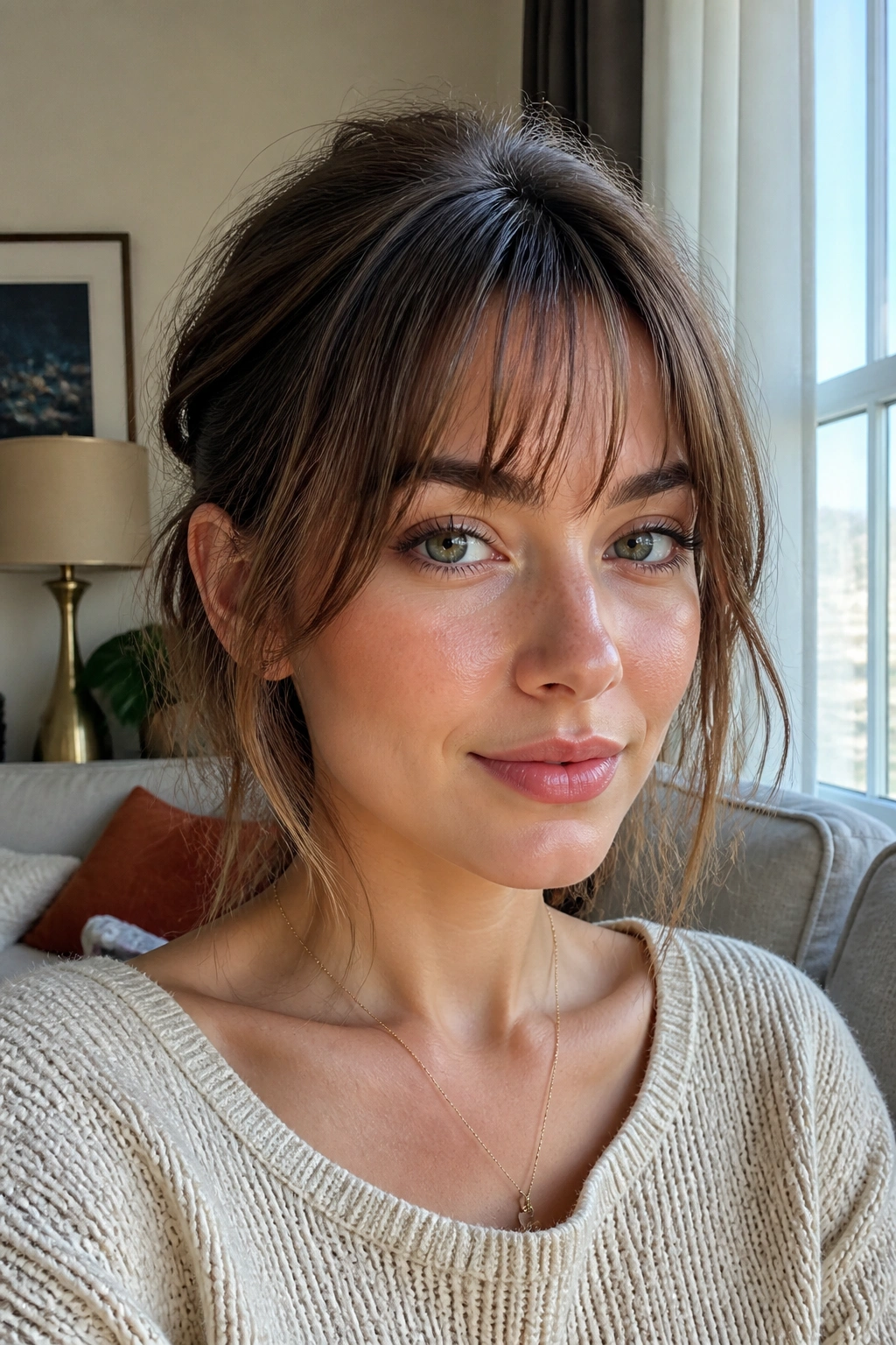 Close-up portrait of a real person with growing-out wispy bangs.