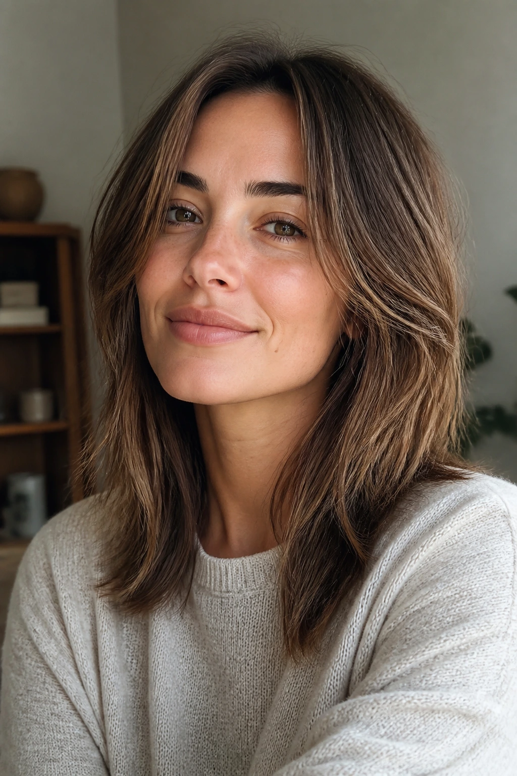 Close-up portrait of a real woman with long, softly layered grown-in layered haircut.