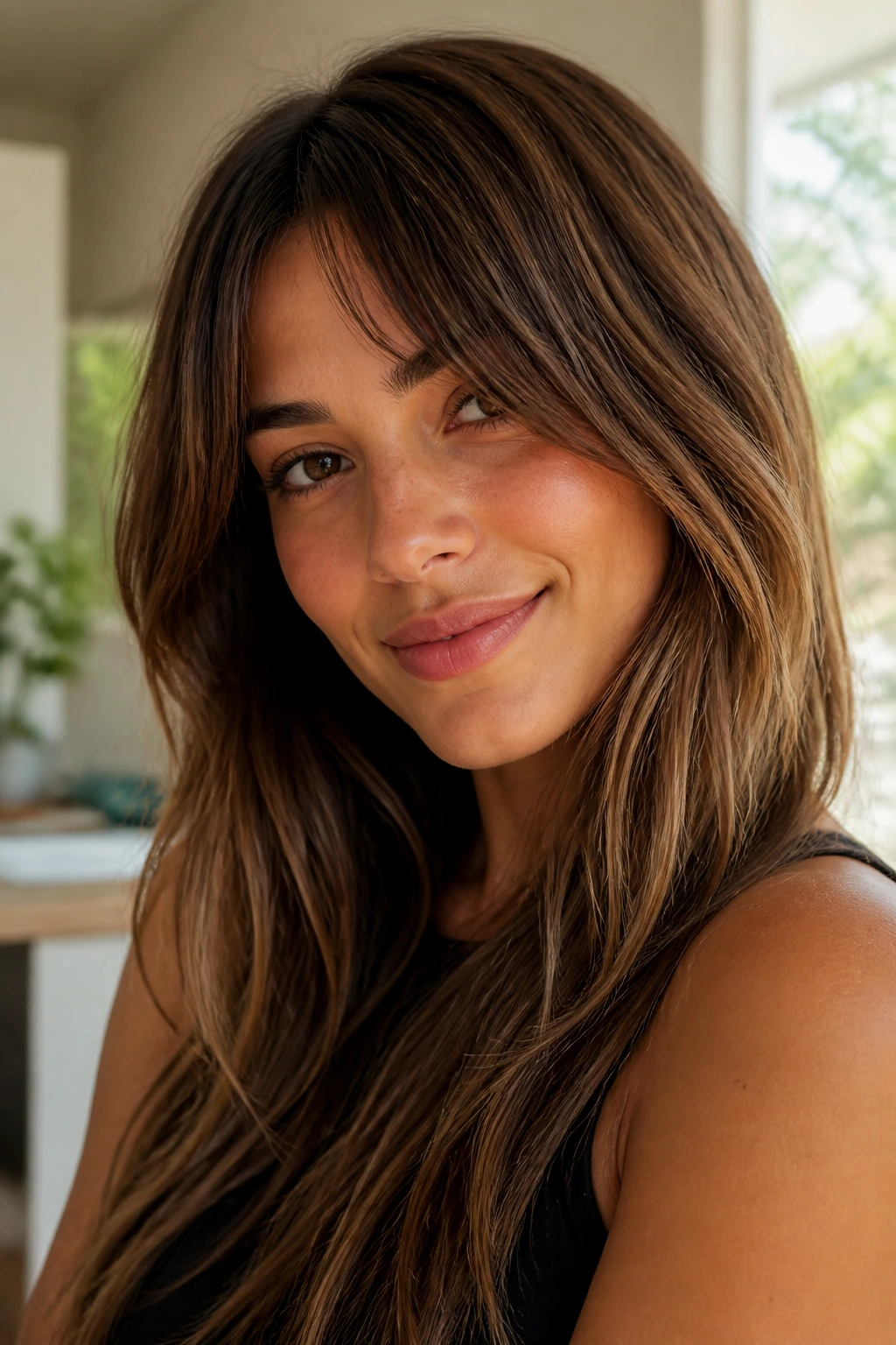 Close-up of a real woman with grown-out bangs blending into the cut in natural light