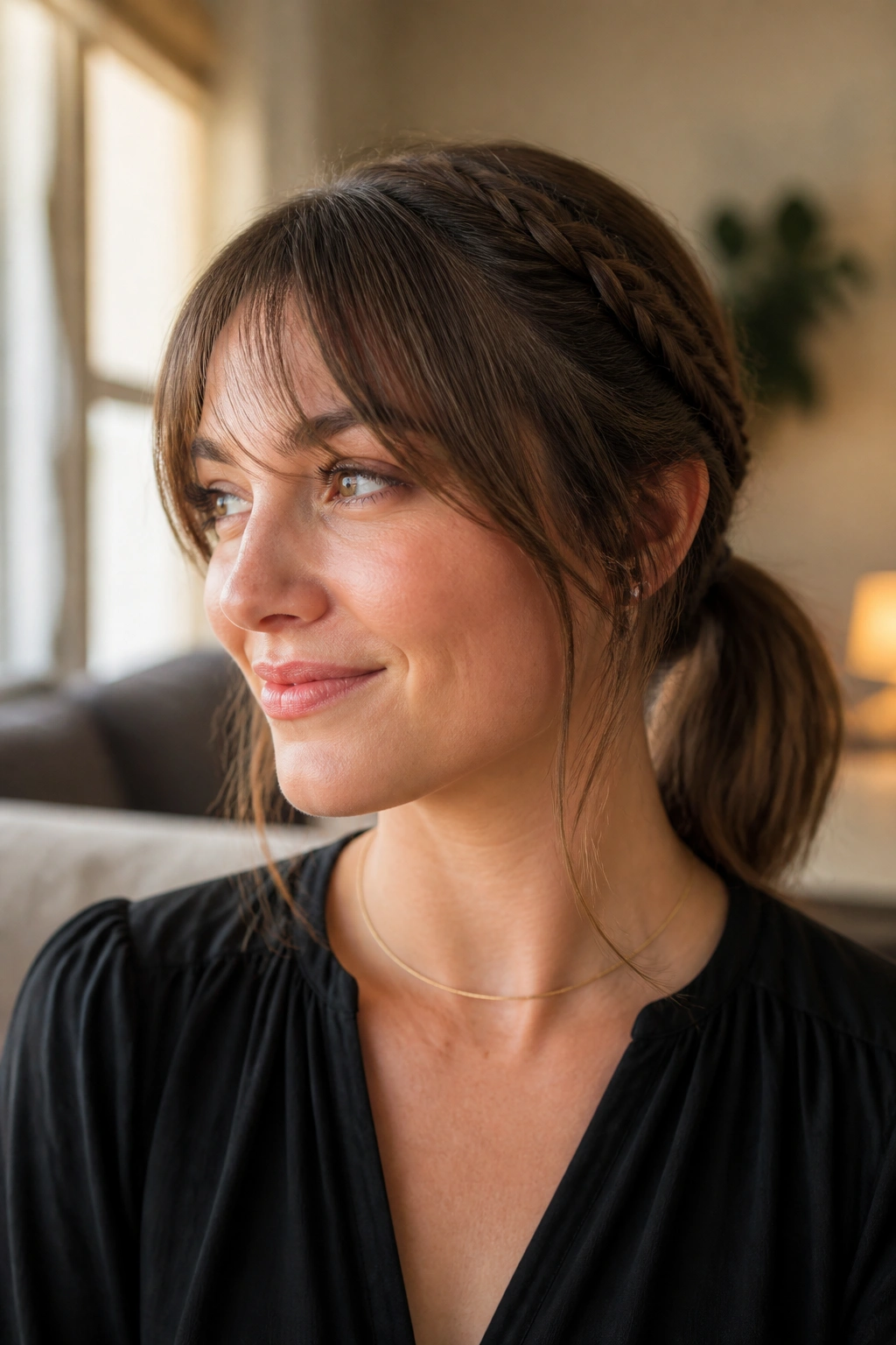 Close-up of a real woman with grown-out bangs, crown braids, and a low ponytail in a softly lit living room.