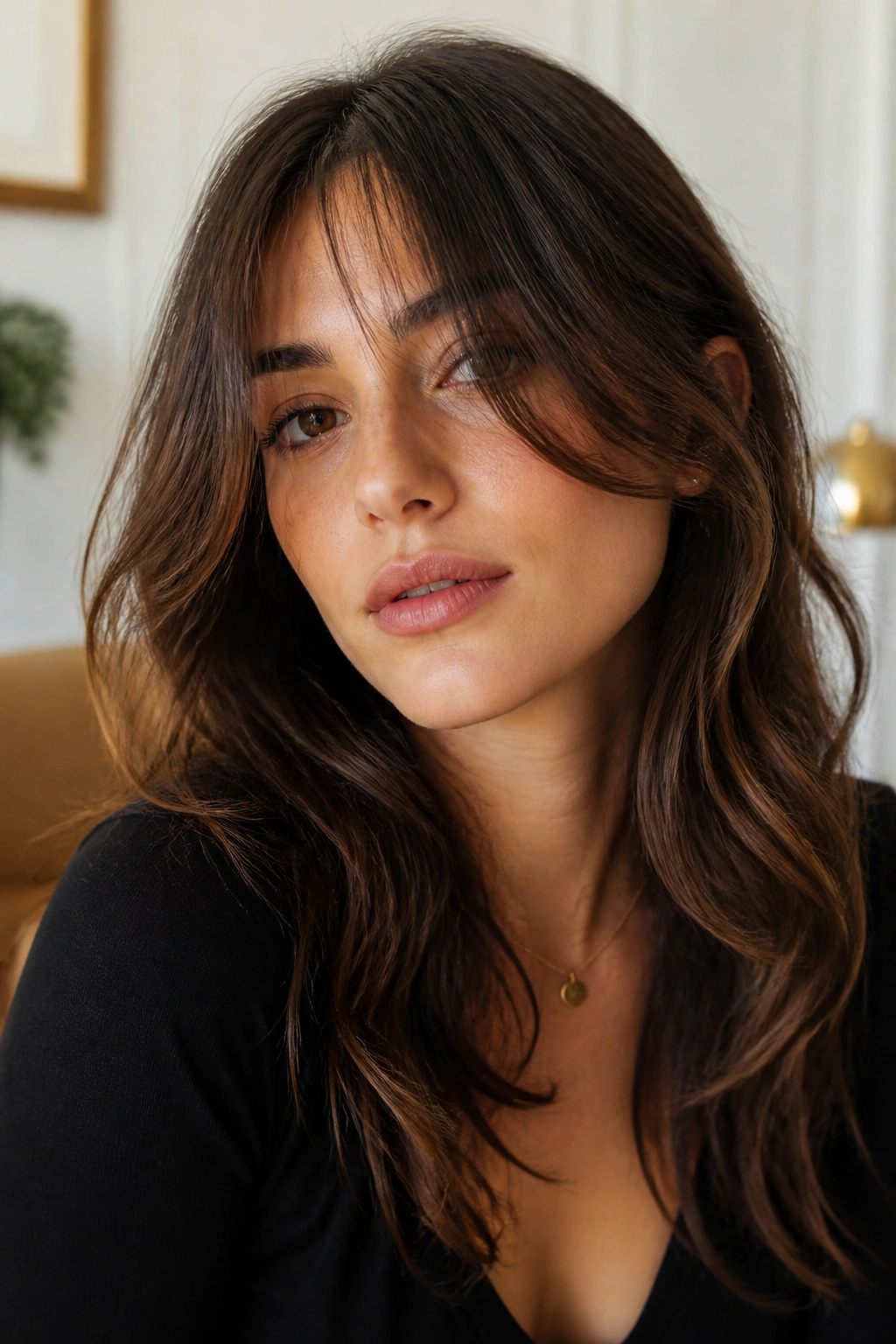 Medium close-up of a real woman with grown-out bangs and face-framing pieces in warm indoor light