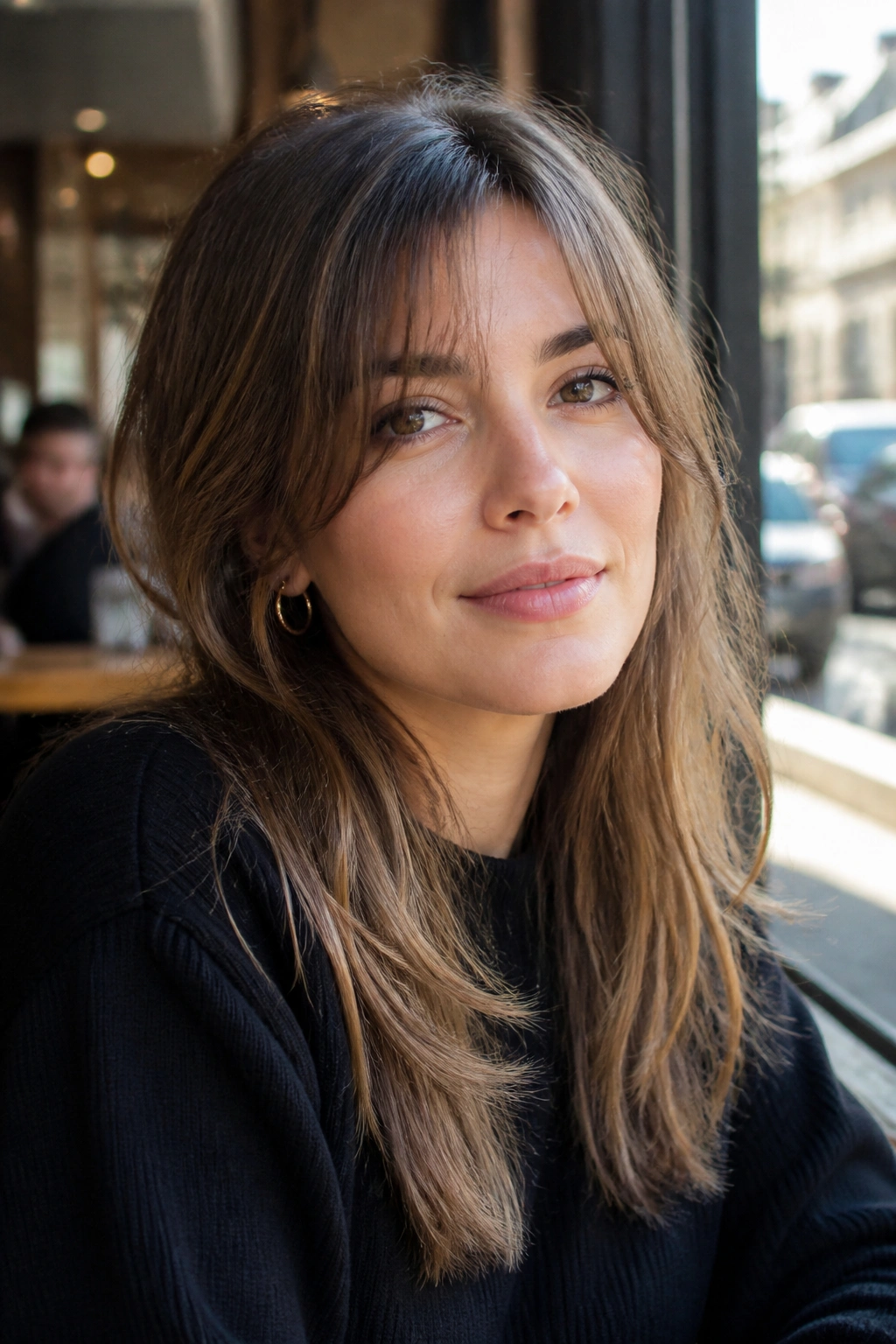 Close-up of a real woman with grown-out bangs and face-framing layers in a cafe setting